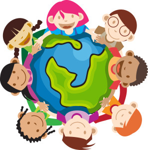 Multi culture kids hands in hands holding a globe